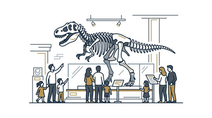 Dinosaur Skeleton Exhibit in Museum with Visitors. © konco