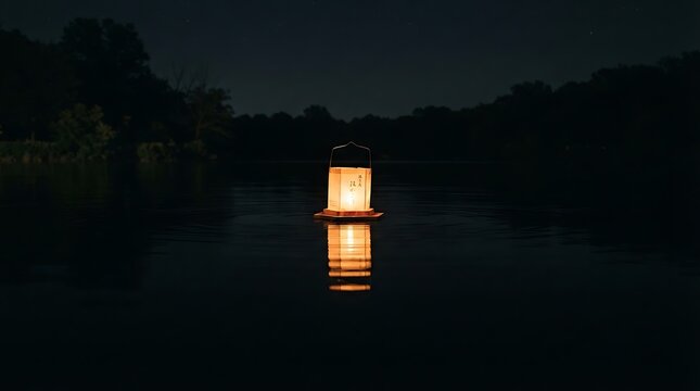 Floating paper lantern glowing softly on dark water surface during evening ceremony creating peaceful atmosphere with gentle ripples and soft light reflection under night sky background.