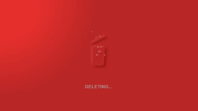 Minimalist bin animation with deleting text on a solid red background
