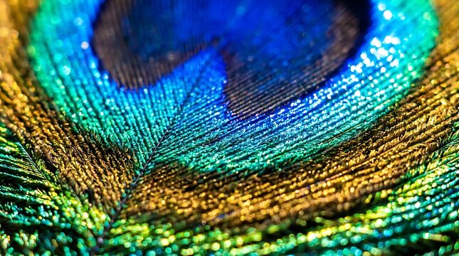Peacock feather macro shot showing iridescent blue and green colors of bird plumage with detailed texture and vibrant eye pattern of exotic wildlife species in close up perspective.