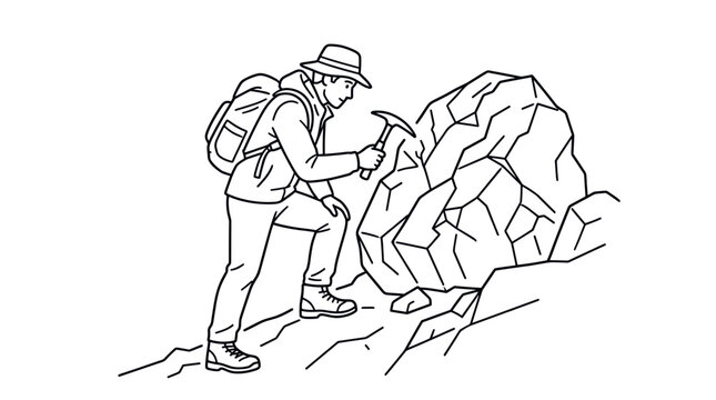 Geologist examining a boulder with a rock hammer.