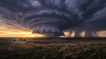 Obraz premium Massive supercell thunderstorm with heavy rain and dramatic clouds over a distant house in a wide prairie landscape at sunset.