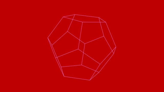 Rotating icosahedron geometric shape wireframe isolated on red background