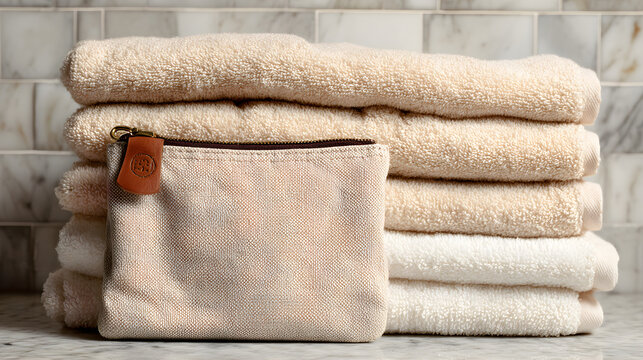 Beige canvas pouch on stack of cream towels