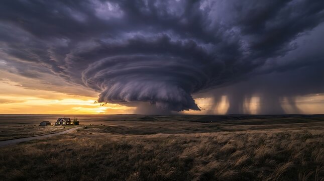 Massive supercell thunderstorm with heavy rain and dramatic clouds over a distant house in a wide prairie landscape at sunset.