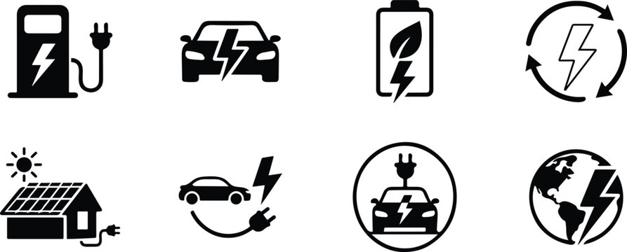Electric Vehicle Vector Icon Set with EV Charging and Battery Symbols