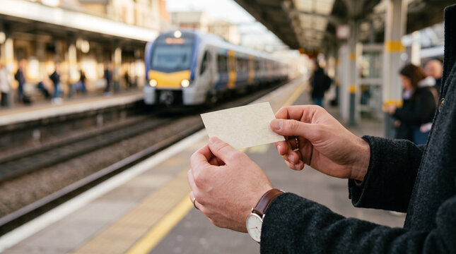 Hands holding a train ticket at the platform &mdash; travel lifestyle and train journey concept.