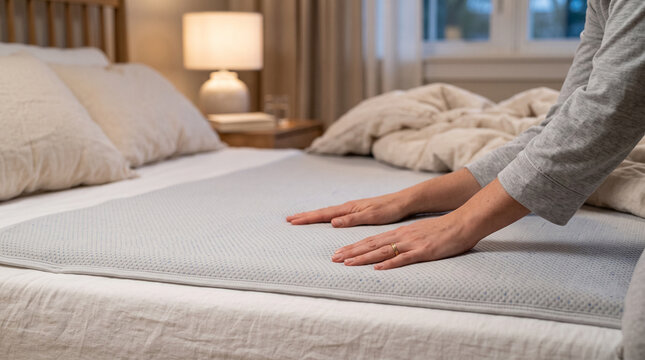 Hands smoothing a cooling gel mattress pad &mdash; sleep comfort and bedtime preparation routine concept.