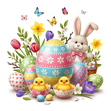 Easter Background With Bunny Chicks And Flowers