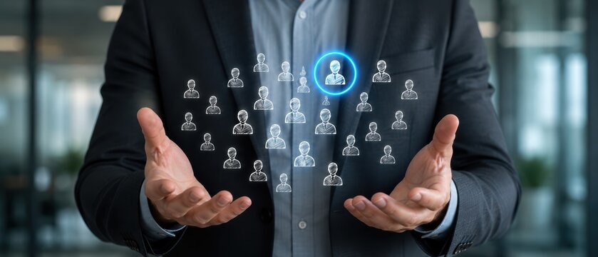 Business professional holds open hands beneath floating employee icons, with one candidate highlighted in a glowing blue circle inside a modern corporate office during staff selection