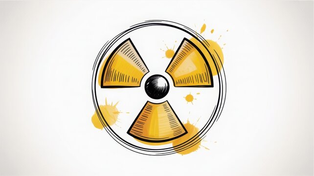 Hand drawn radioactive warning symbol with yellow ink splatters isolated on white background