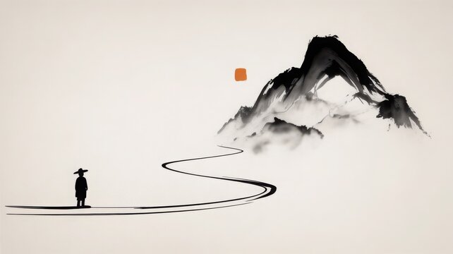Minimalist Zen ink wash painting of a lone figure walking on a winding path towards mountains under a red sun