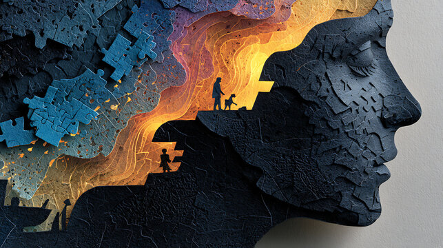 Human profile with fragmented puzzle pieces and glowing inner path, symbolizing trauma, healing, mental health, emotional recovery, resilience, therapy, hope and personal growth