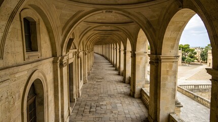 Obraz premium Ancient stone corridor with arches and sunlight. Historic architecture scene showcasing classical design and timeless elegance.