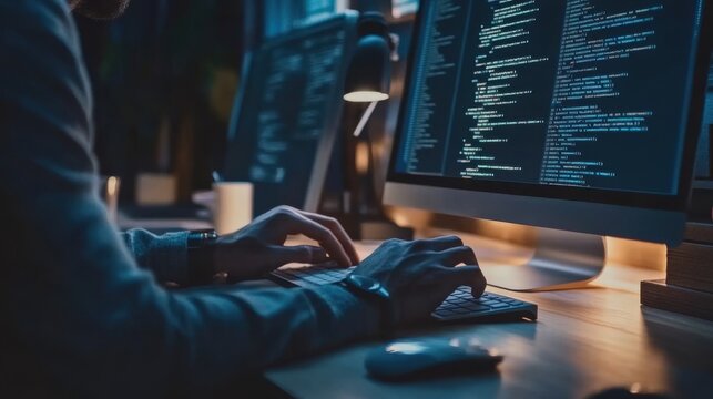 programmer working late at night on computer with code on screen
