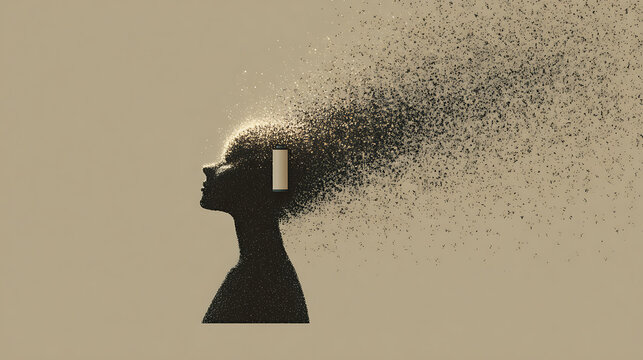 Human silhouette dissolving into particles with a low battery symbol, representing mental exhaustion, burnout, stress, emotional fatigue, depleted energy, recovery and resilience