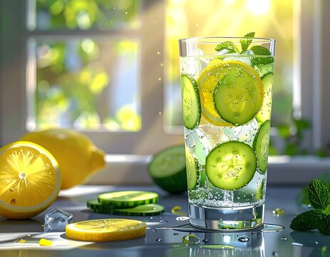 Refreshing Cucumber and Lemon Infused Water in a Glass.