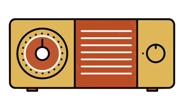 Minimalist retro radio with a circular tuning dial and horizontal speaker grille on a white background featuring bold flat colors for a vintage technology concept