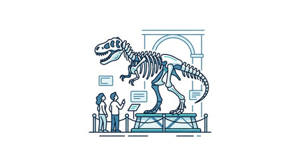 Dinosaur skeleton exhibit with scientists observing. © Dne