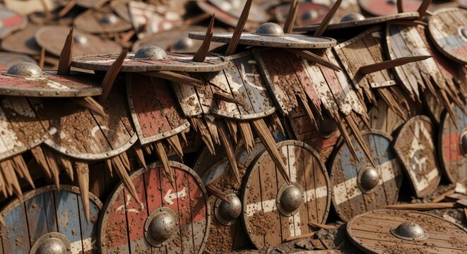 Heap of ancient viking shields and spears piled up in a battlefield aftermath, historical reconstruction