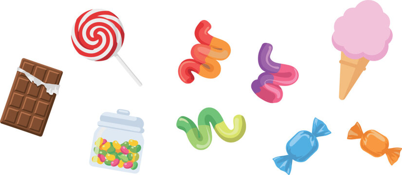 Art & IllustrationSweet Candy Vector Icon Set Featuring Chocolate Bar, Lollipop, Gummy Worms, Cotton Candy, and Jelly Bean Jar for Confectionery Designs