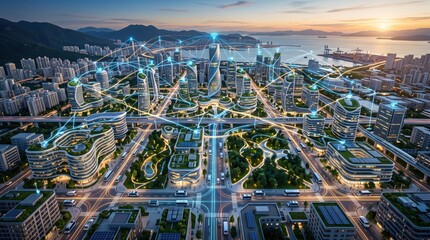 Obraz premium Aerial view of futuristic smart city with connected network lines, green architecture, sustainable urban planning and digital infrastructure at sunset