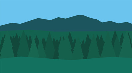 Dense evergreen coniferous forest with mountain range on the horizon, mountains © FATEMA