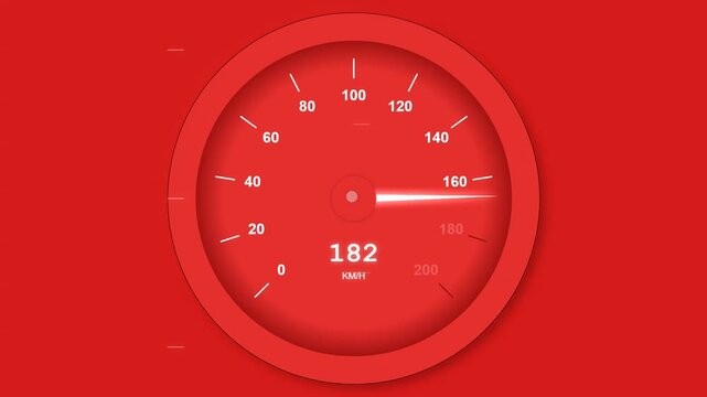Red car speedometer dial accelerating to show increasing vehicle speed