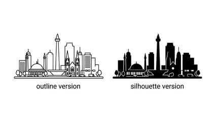 Obraz premium Cityscape Collection: A striking set of cityscape graphics, featuring both an outline and a silhouette version of a vibrant city skyline, perfect for adding urban flair to any design.