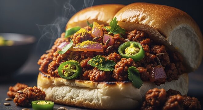 A close-up shot of steaming hot Kheema Pav, a popular Indian street food featuring spiced minced meat served in soft bread rolls, AI generated