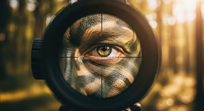 Hunter's eye with camouflage paint through a rifle scope in a sunlit forest, intense focus