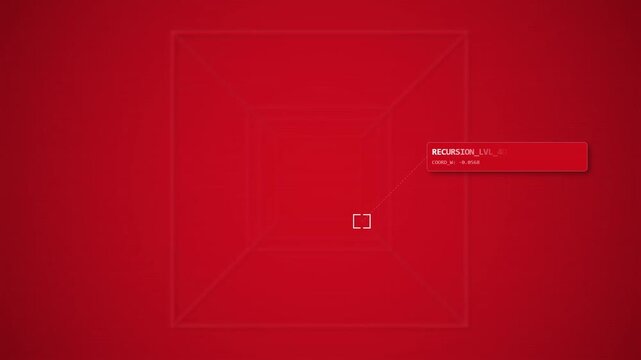 Red digital interface showing a rotating 3D wireframe cube projection