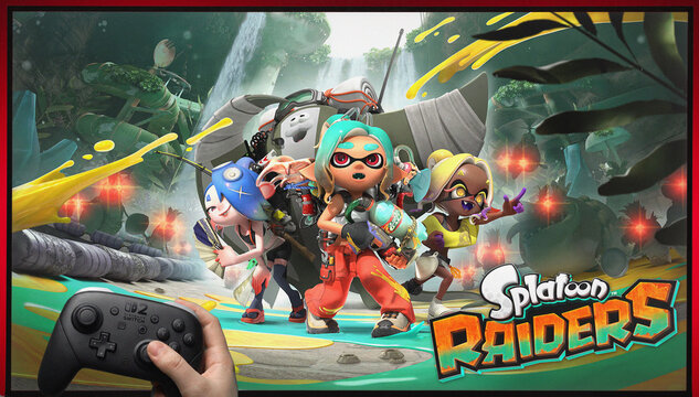Splatoon Raiders Key Art Displayed on TV Screen with Nintendo Switch 2 Pro Controller Held in Hand