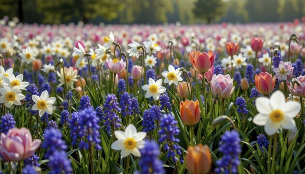A serene floral field with daffodils, tulips, and grape hyacinths in pink, white, and purple hues, under a calm sky, AI generated
