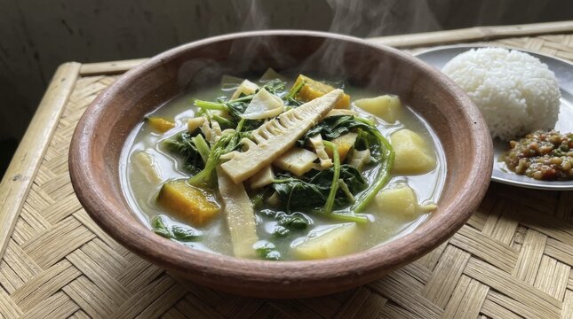 A close-up shot of a rustic clay bowl filled with Mizo Bai, a flavorful vegetable stew, served alongside steamed rice and a spicy chutney, AI generated