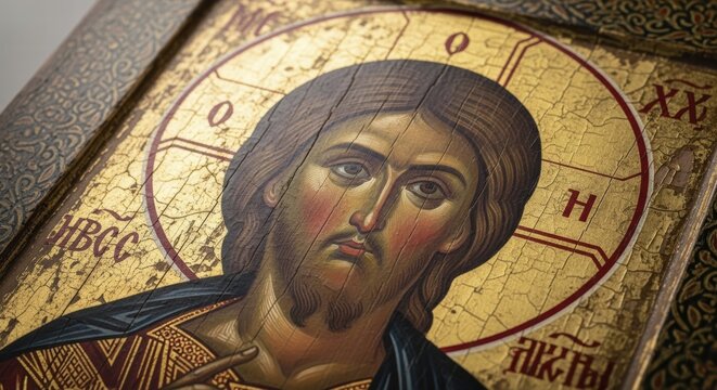 Painted religious icon of Jesus with golden background and detailed halo, AI generated