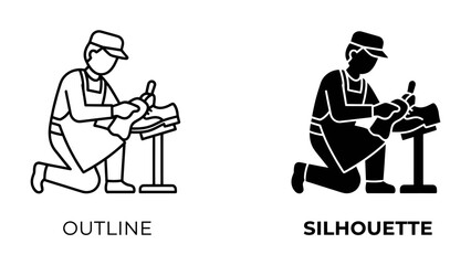 Naklejka premium Shoemaker Crafting Footwear: A shoemaker, shown in both outline and silhouette, meticulously crafts a shoe while kneeling on the floor, highlighting the traditional art of cobbling.