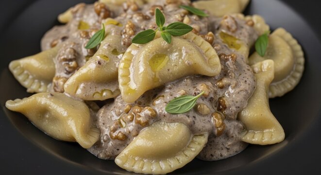 A close-up view of traditional Ligurian pansoti ravioli generously coated in a rich, savory walnut sauce, garnished with fresh herbs and drizzled with olive oil, AI generated