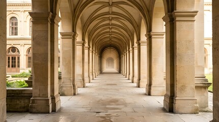 Obraz premium Historic stone archway corridor with classical architecture. Elegant walkway in a sunny outdoor setting.