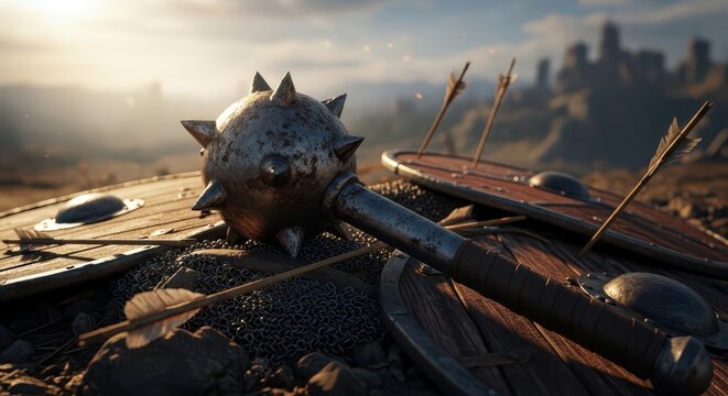 Medieval Battle Aftermath: Spiked Mace and Shields Littered on Ground with Arrows and Distant Castle Ruins