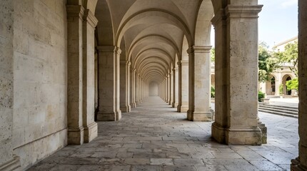 Obraz premium Historic stone colonnade with arches and columns. Elegant architectural corridor with natural daylight.