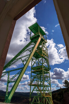 Former headframe of a salt mine in Spain in the town of Cardona, overlooking a pit