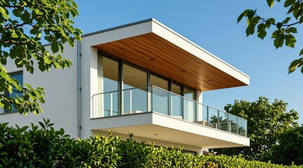 Obraz premium Modern home balcony with glass railing and wooden ceiling. White walls, large windows reflect clear blue sky. Green trees surround the clean minimalist residential building exterior.