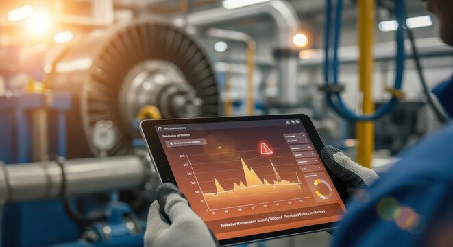 Industrial worker monitoring turbine performance on tablet with real-time data analytics and warning alerts in a factory setting