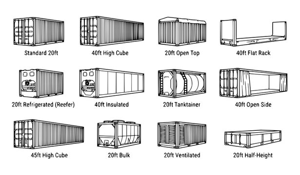 Intermodal Shipping Container Types Vector Icon Set Featuring High Cube Reefers Flat Racks Tanktainers and Cargo Freight Logistics Line Art Diagrams