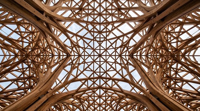 Intricate wooden lattice ceiling design. Architectural detail with natural wood texture