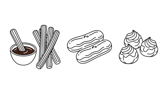 Assorted pastries including churros eclairs and cream puffs.