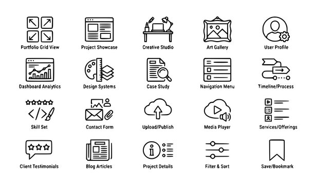 Creative Design Studio Portfolio Line Icon Set Featuring Website Grid Layouts, Dashboard Analytics, User Experience Interface Systems, and Agency Web Development Vector Symbols