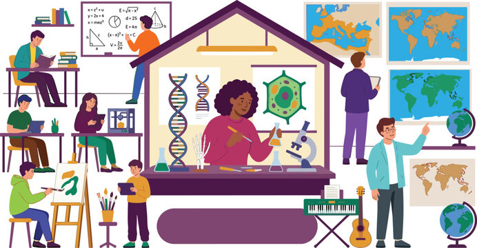 Diverse students learning different subjects in a school classroom. Science laboratory, geography maps, art painting, music instruments, mathematics board vector illustration.