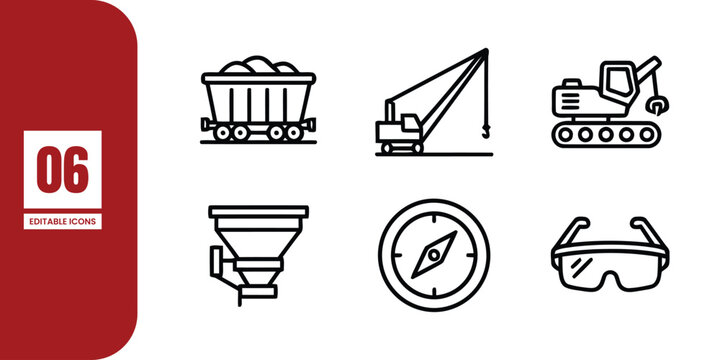 Set of six thin line icons representing mining industry equipment and safety gear for industrial construction and engineering projects